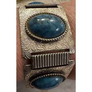 Vintage Embossed Silvertone 7.5” Panel Faux Turquoise Wide Bracelet Southwest